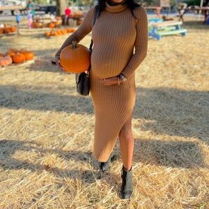 Topshop Tan Ribbed Long Sleeve Dress